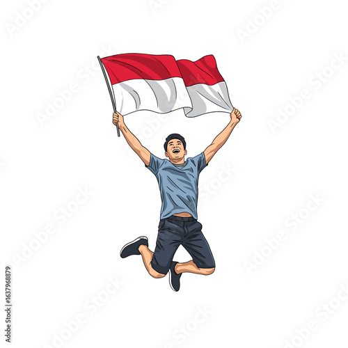 A joyful man leaps while holding and waving the Indonesian flag high in the air.