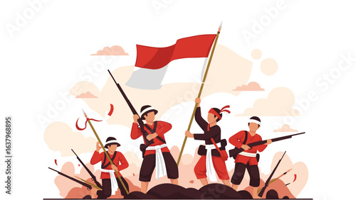 Illustration of heroic fighters raising a national flag during a battle for freedom and independence.