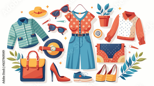 Very beautiful Woman clothes and accessories set on white background top view. modern and casual outfit. fashion, shopping and makeup concept. Flat lay, top view. white background