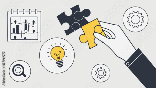 Business Strategy Hand Placing Puzzle Piece with Calendar Lightbulb and Gears.