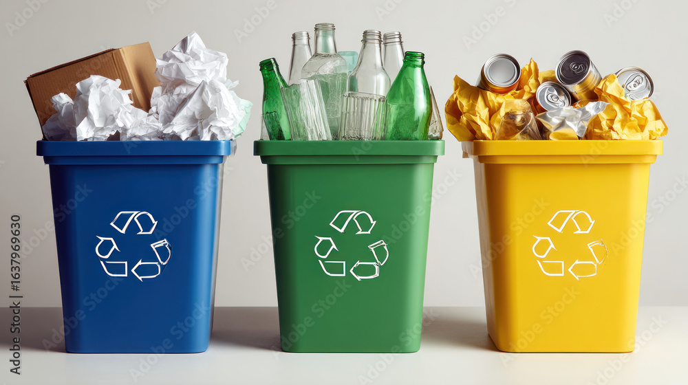 Blue recycling bin filled with paper, green recycling bin with glass bottles, yellow recycling bin with metal cans, waste separation, clean background Blue recycling bin filled with paper, green recycling bin with glass bottles, yellow recycling bin with metal cans, waste separation, clean background