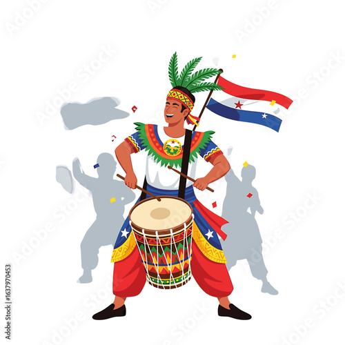 A joyful man leaps while holding and waving the Indonesian flag high in the air.
