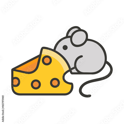 Cute mouse interacting with a piece of cheese illustrated in a playful cartoon style
