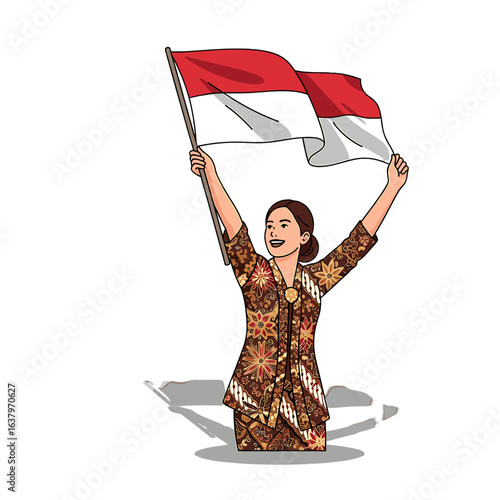 A joyful man leaps while holding and waving the Indonesian flag high in the air.