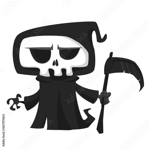 Funny cartoon grim reaper character design in black cape hood. Halloween illustration for party decoration or package. Isolated