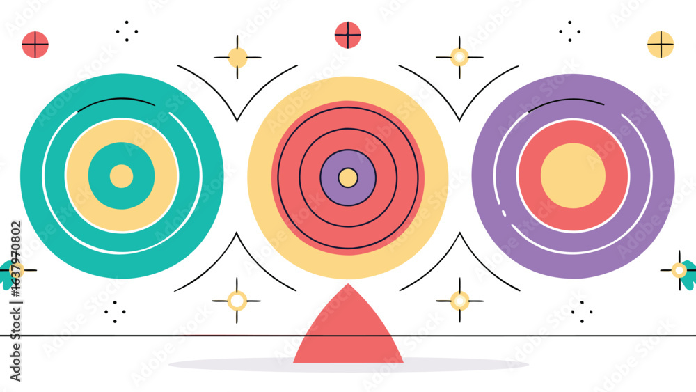 Fototapeta premium Three colorful concentric circles balanced on a red triangle with decorative elements around it