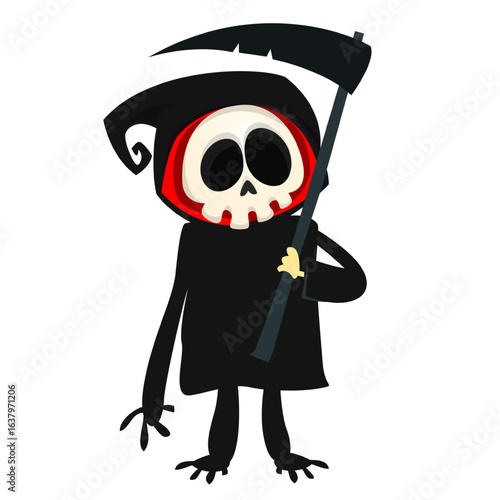 Funny cartoon grim reaper character design in black cape hood. Halloween illustration for party decoration or package. Isolated