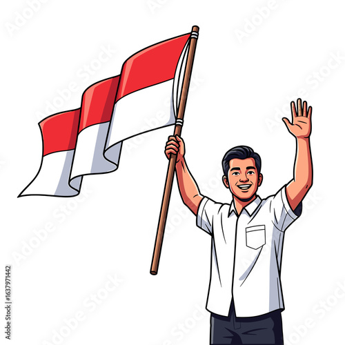 A joyful man leaps while holding and waving the Indonesian flag high in the air.
