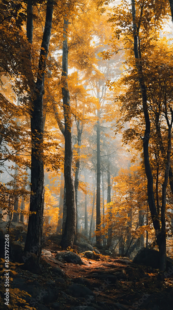 Fototapeta premium Autumn Forest with Fog and Golden Leaves on Transparent Background
