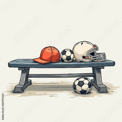 Sports equipment laid out on a bench including hats and balls  