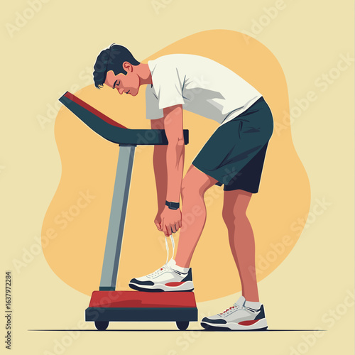 Male athlete bending over to tie shoelaces on treadmill in gym  