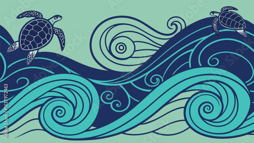 Stylized sea turtle and wave illustration with spiral details in shades of blue and green, creating a vintage nautical design