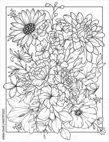 Flower Coloring Page for adults. Adult coloring page with flowers. Floral Coloring book page design. Flower Pattern for coloring. Outline Flowers Background. Black and Whit Flowers. Floral Background