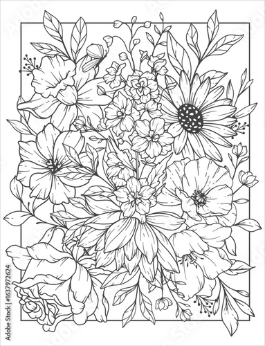 Flower Coloring Page for adults. Adult coloring page with flowers. Floral Coloring book page design. Flower Pattern for coloring. Outline Flowers Background. Black and Whit Flowers. Floral Background
