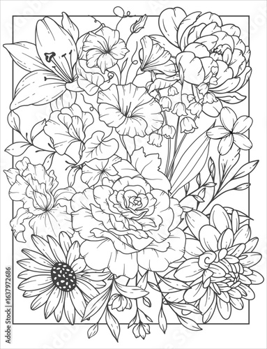 Flower Coloring Page for adults. Adult coloring page with flowers. Floral Coloring book page design. Flower Pattern for coloring. Outline Flowers Background. Black and Whit Flowers. Floral Background