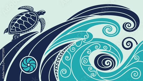 Stylized sea turtle on a wave illustration with spiral details in shades of blue and green, creating a vintage nautical design