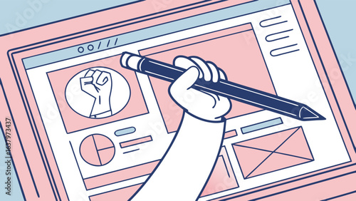 Hand Drawing Website Design with Raised Fist Icon.