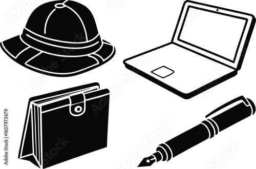 Black silhouette safari hat laptop wallet pen pith helmet notebook