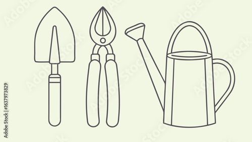 Garden tools shovel pruning shears watering can trowel