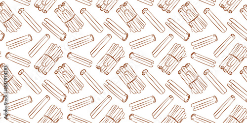 Seamless pattern of cinnamon stick in bundle in line art style. Perfect for spice background, food packaging, kitchen textile and warm cozy seasonal or culinary themed design project.