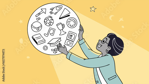 Happy Person Reaching for a Sphere of Aspirations and Achievements.