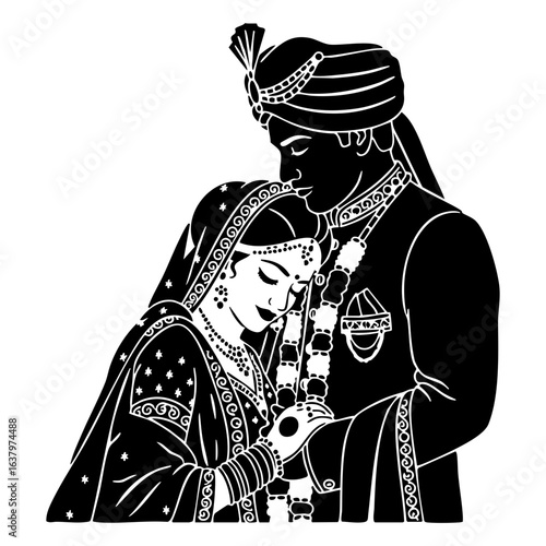 Minimal Hindu Wedding Bride Resting Head Shoulder Vector Illustration