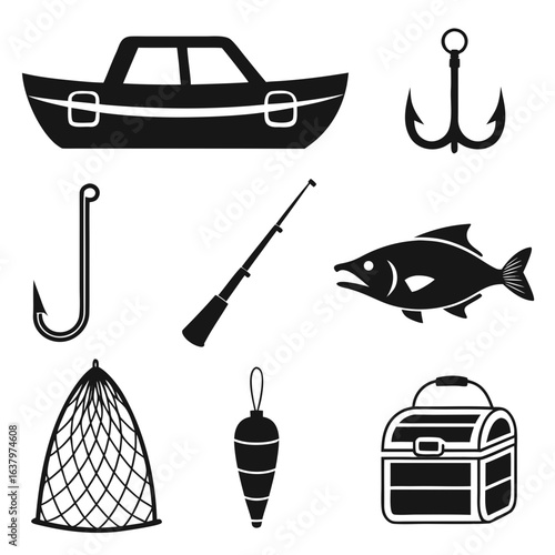 Black silhouettes of fishing boat anchor hook fishing rod fish net bobber and tackle box
