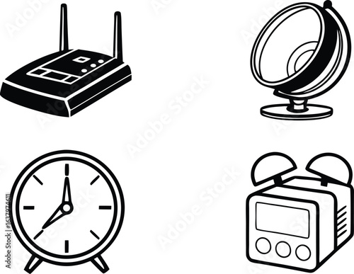 Four black fill silhouettes of technology and timekeeping devices wifi router wireless router