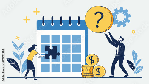 Business Planning Illustration with Calendar Puzzle Question Mark and Money.