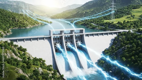 Hydroelectric Power Generation, Dam, River, Animation, Natural Landscape, Aerial View, Energy Efficiency