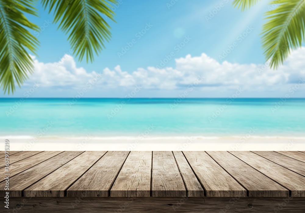Fototapeta premium Tropical beach paradise with wooden deck and palm leaves
