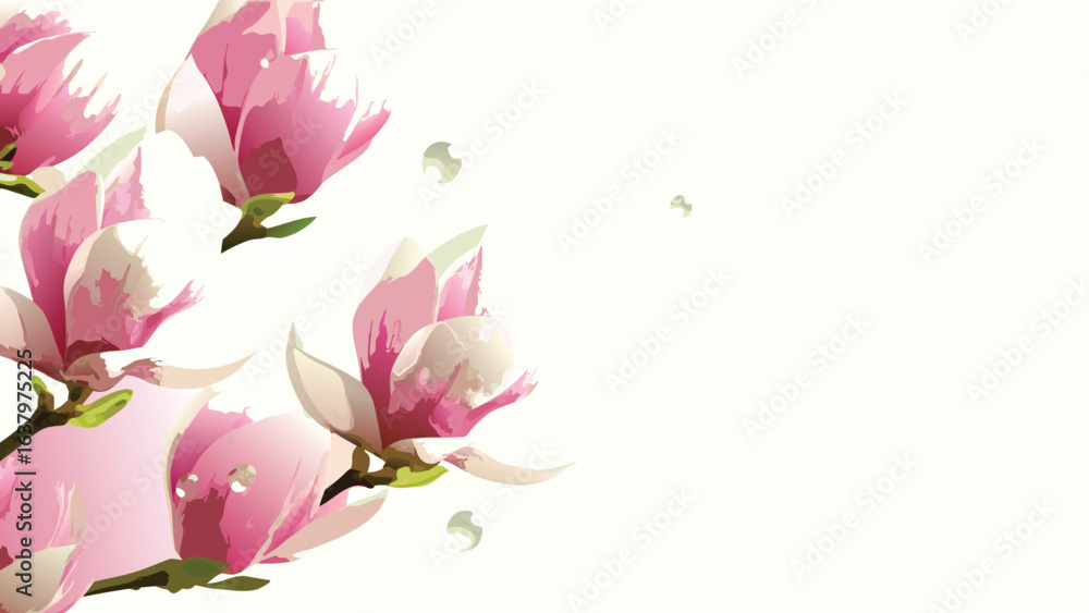Naklejka premium Aesthetic illustration of pink and white magnolia flowers with a soft focus and minimalist background design