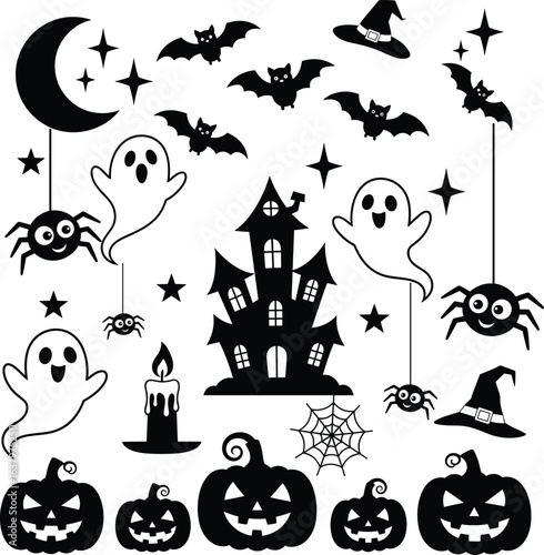 set of halloween icons elements vector illustration on transparent background.