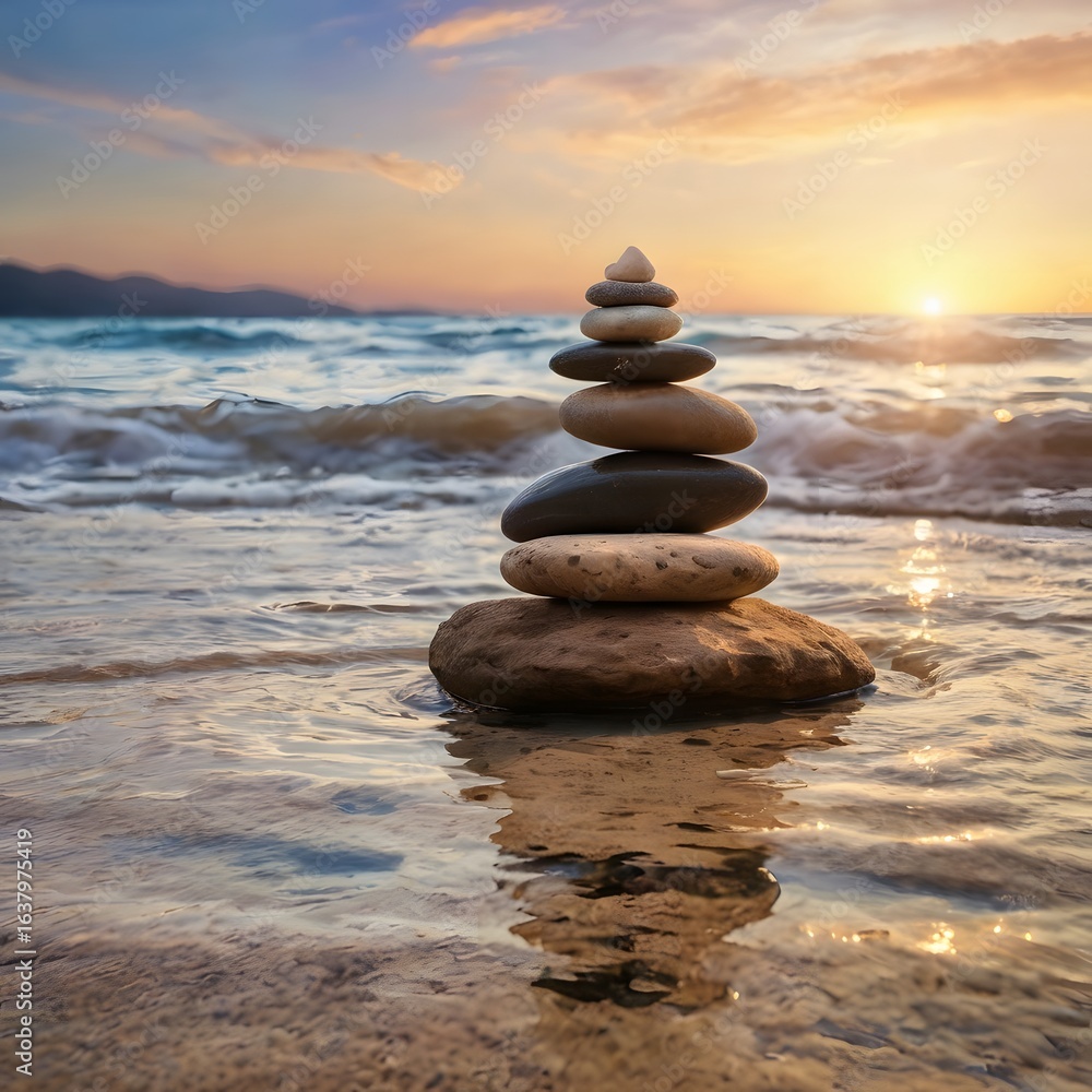 Fototapeta premium A tranquil pyramid of balanced stones on a serene beach during a vibrant sunset, symbolizing harmony, stability, and the practice of zen meditation.