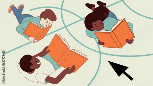Diverse Group of People Reading Books in a Stylized Illustration.