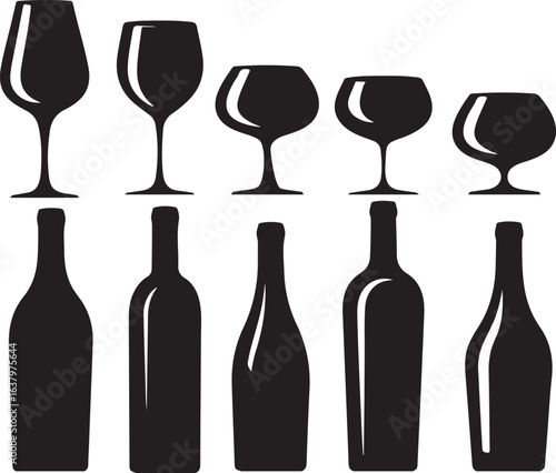 Collection of black wine glasses and bottles silhouettes on white background wine bottle