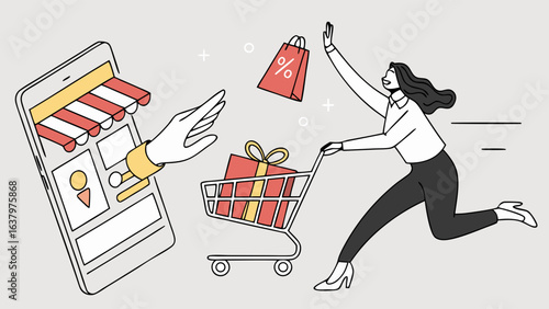 Excited Woman Shopping Online with Gifts and Discount Offers.