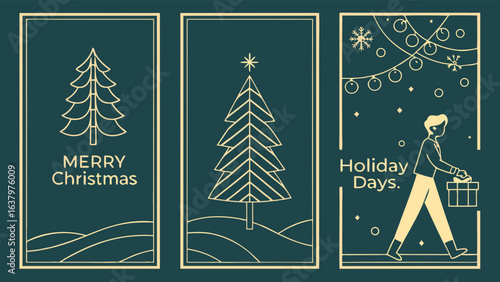 Minimalist Christmas Tree Designs and Holiday GiftGiver Illustration.