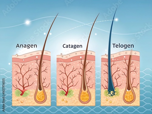 3D Medical Illustration of Hair Growth Cycle Stages: Anagen, Catagen, and Telogen Phases in Human Hair Follicles
