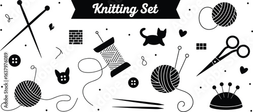 Knitting set, yarn ball, sewing thread, knitting needles, crochet tools, cat silhouette, scissors, button, 