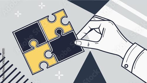 Hand placing a puzzle piece into a completed fourpiece puzzle.