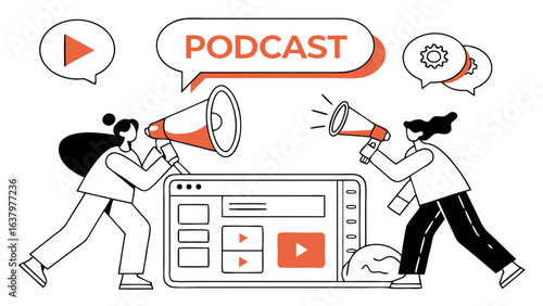 Podcast Promotion Illustration Featuring People Megaphones and a Tablet.