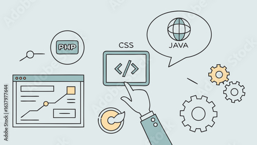 Software Development Concepts PHP CSS Java Chart Hand and Gears.