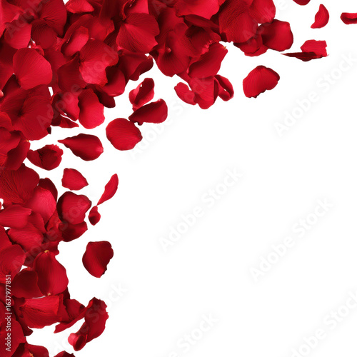 Romantic gesture red rose petals elegant table top view, isolated on transparent background, png