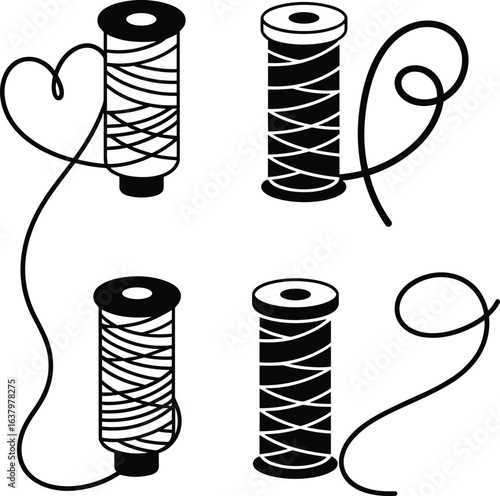 Sewing thread spool, yarn reel, cotton thread, needlework tool, tailor supply, black silhouette, vector 