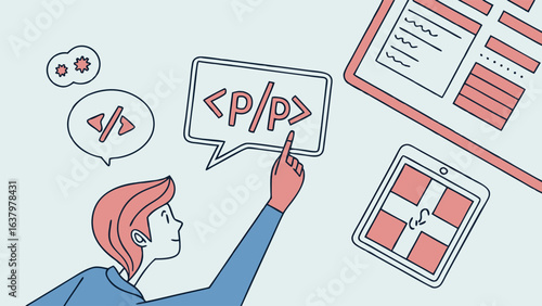 Programmer Pointing at HTML Code with Digital Devices and Icons.