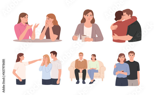 Set of illustrations showing emotional interactions between people, including listening, hugging, conflict, and support in social settings