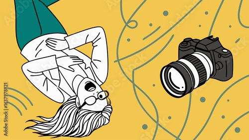 Surprised Woman Lying Down Next to DSLR Camera.