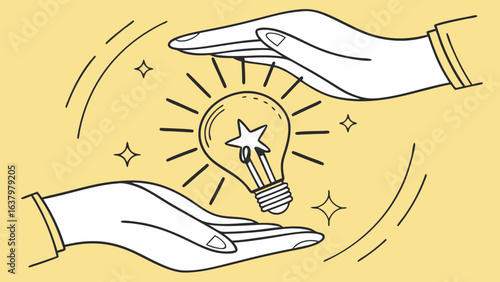 Two Hands Gently Protecting a Shining Lightbulb Idea.