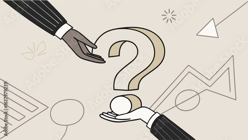 Two Hands Interacting with a Question Mark and Business Graphics.